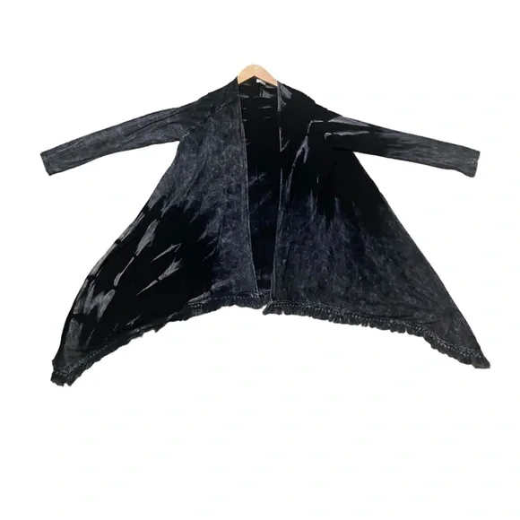 American Age Open Front Boho Fringe Acid Wash Black Tie Dye Cardigan Sz Small - Picture 8 of 16